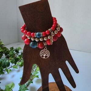 Boho 3 Red Gold Bead Stretch Bracelets Tree of Life